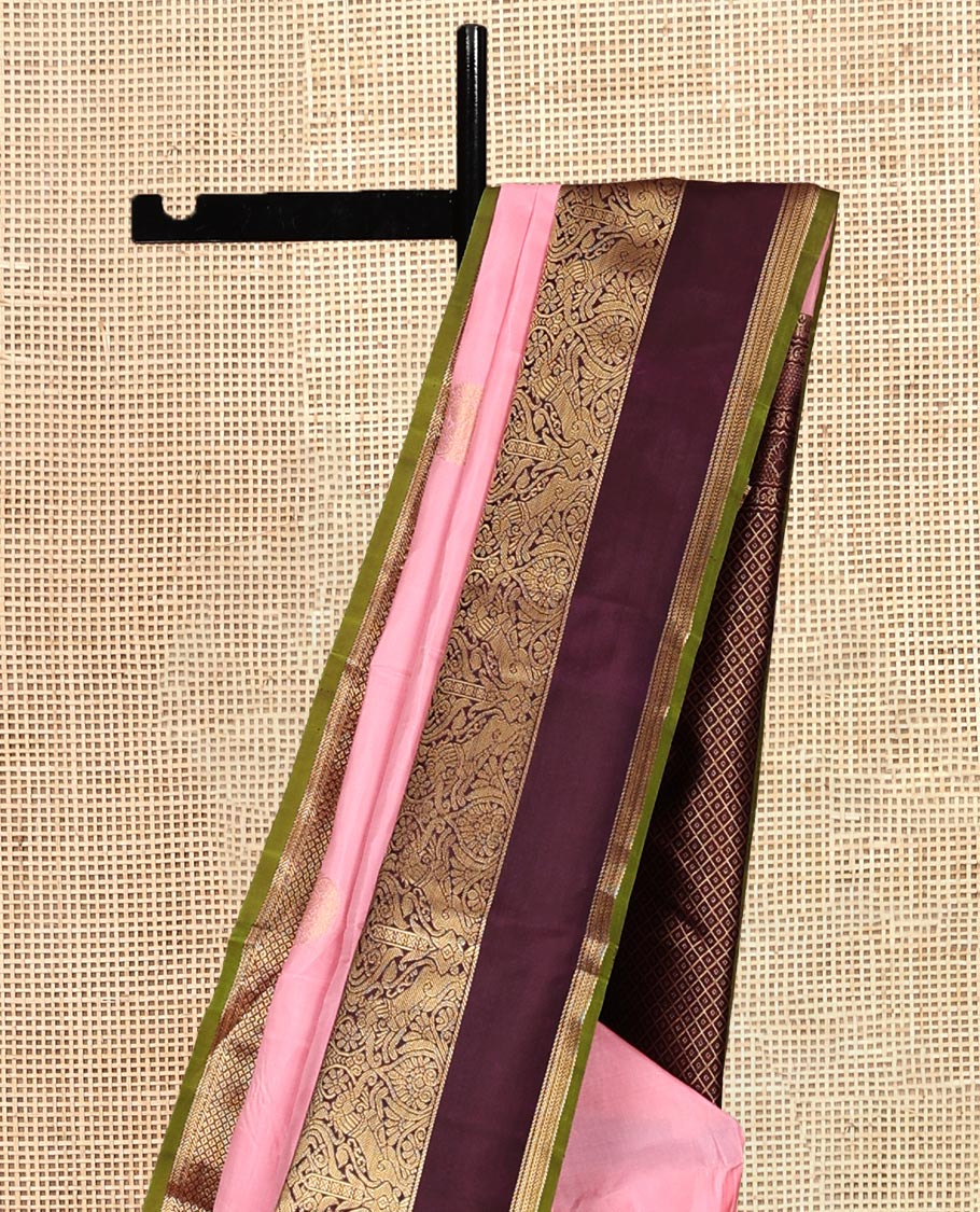 Pink-Brown Zari Buttas Vasundhara Lite Silk Mix Saree, Contrast Mayil-Yaali Border, Jaal Pallu, a Contrast Blouse