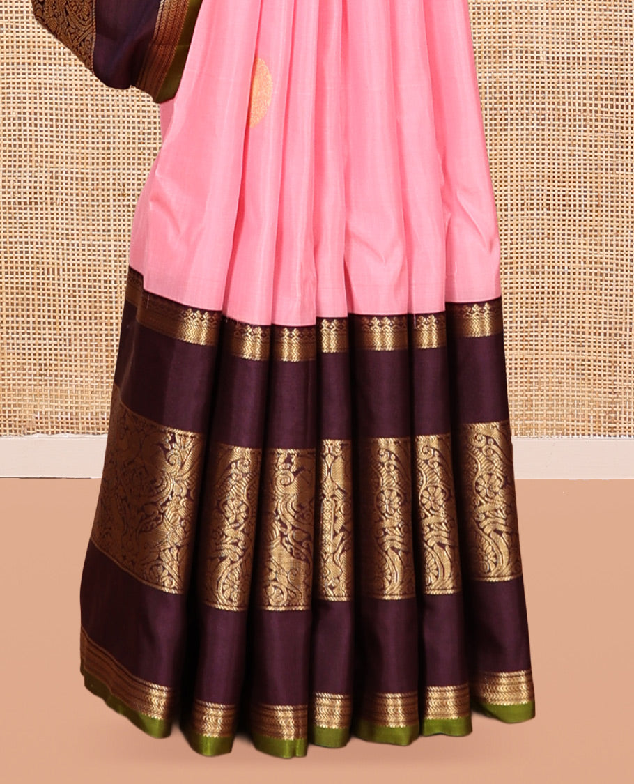 Pink-Brown Zari Buttas Vasundhara Lite Silk Mix Saree, Contrast Mayil-Yaali Border, Jaal Pallu, a Contrast Blouse