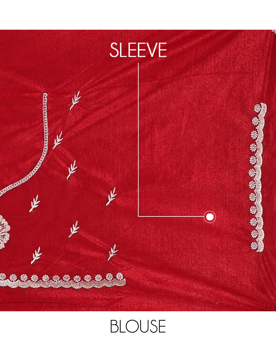 Red floral jaal embroidered designer saree, scallop floral creeper embroidered border
