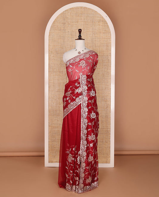 Red floral jaal embroidered designer saree, scallop floral creeper embroidered border