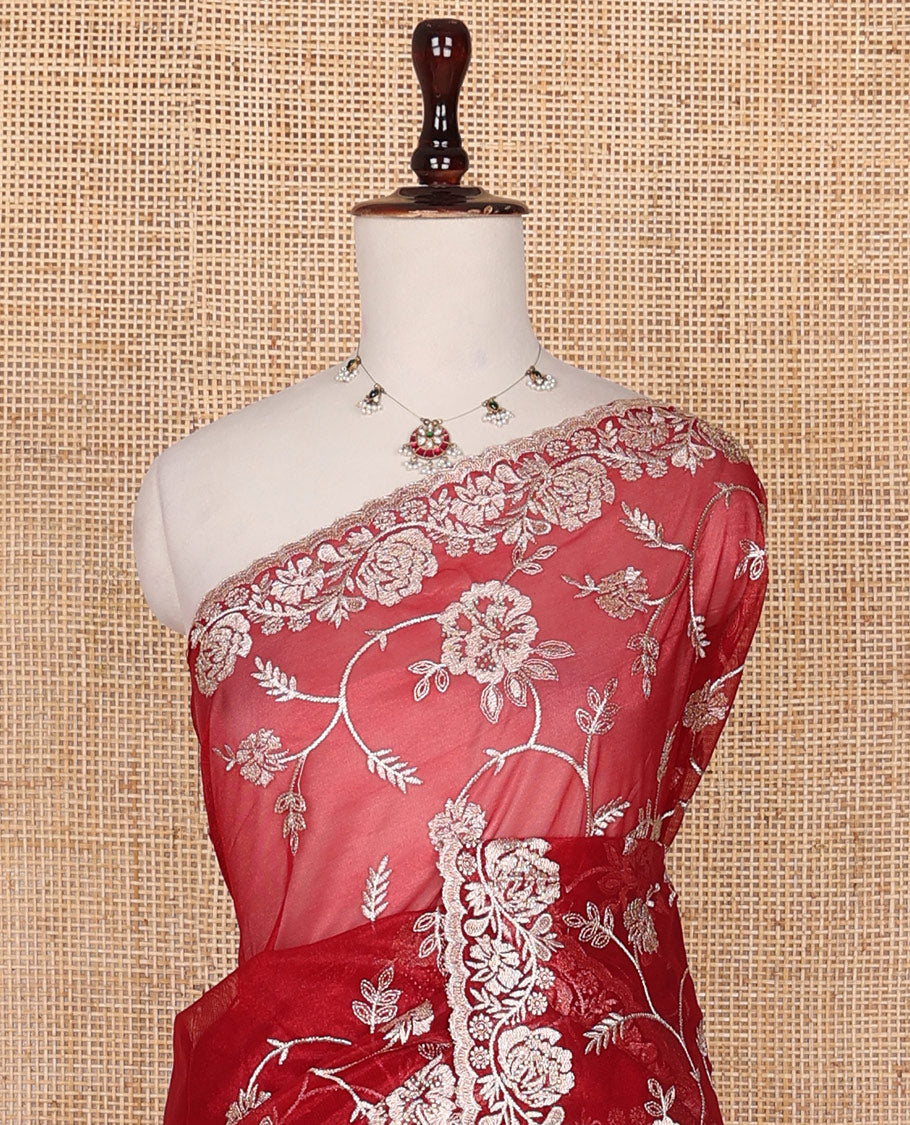 Red floral jaal embroidered designer saree, scallop floral creeper embroidered border