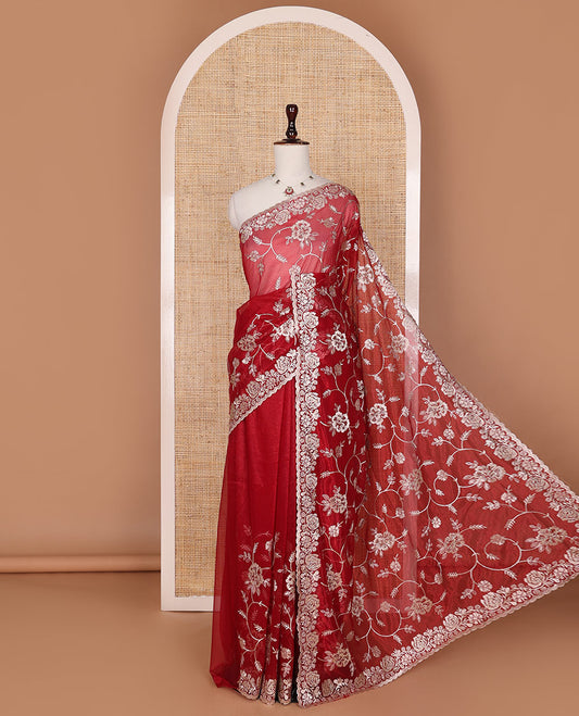 Red floral jaal embroidered designer saree, scallop floral creeper embroidered border