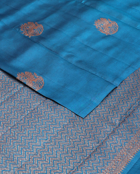 Borderless blue zari buttas raw mango silk saree, zari pallu of chevron stripes