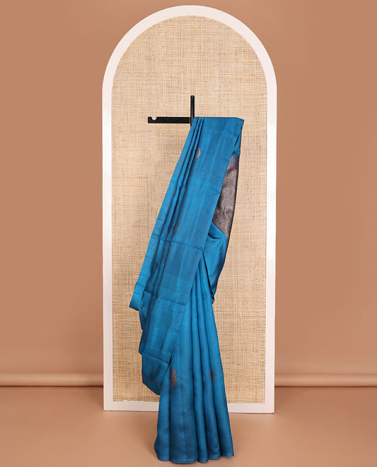 Borderless blue zari buttas raw mango silk saree, zari pallu of chevron stripes