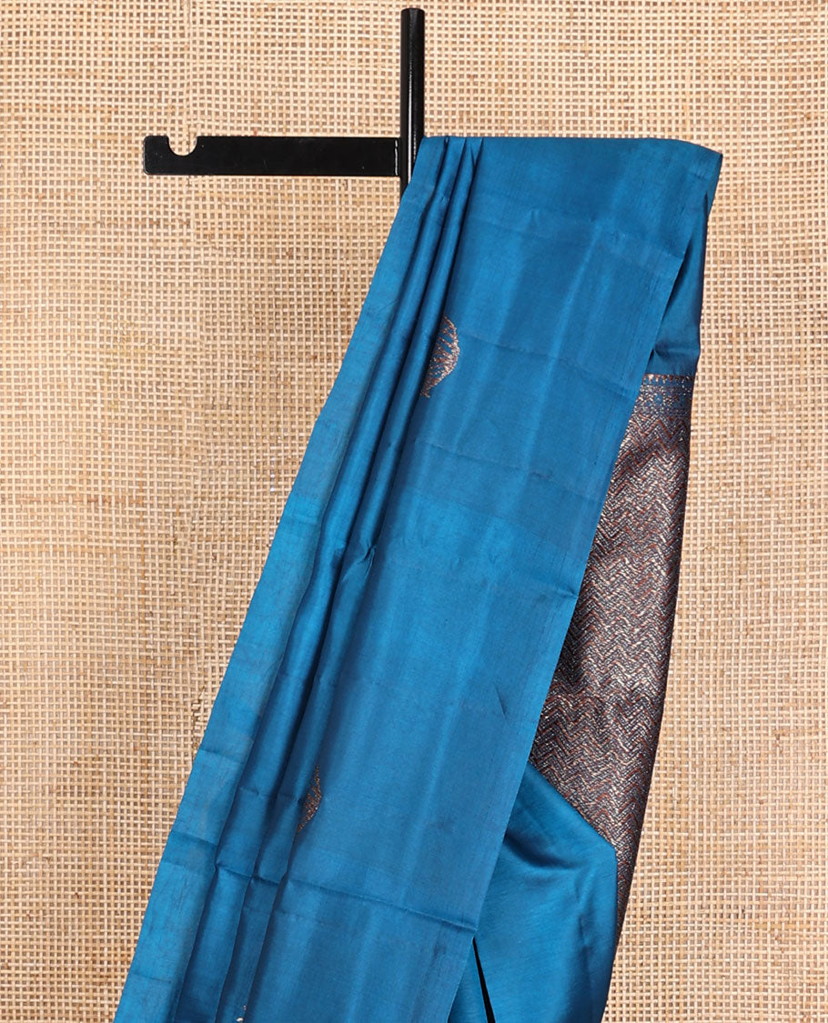 Borderless blue zari buttas raw mango silk saree, zari pallu of chevron stripes