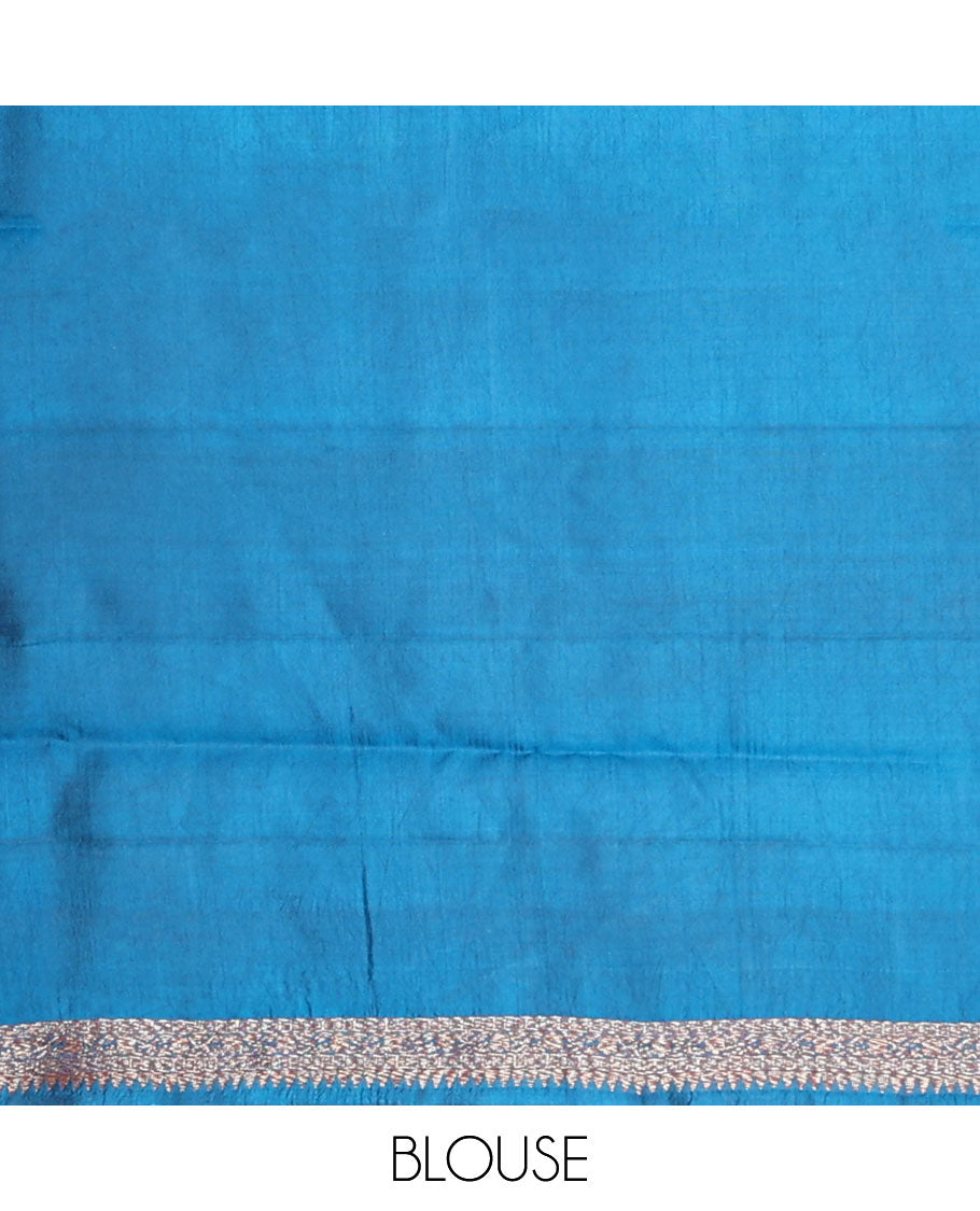 Borderless blue zari buttas raw mango silk saree, zari pallu of chevron stripes