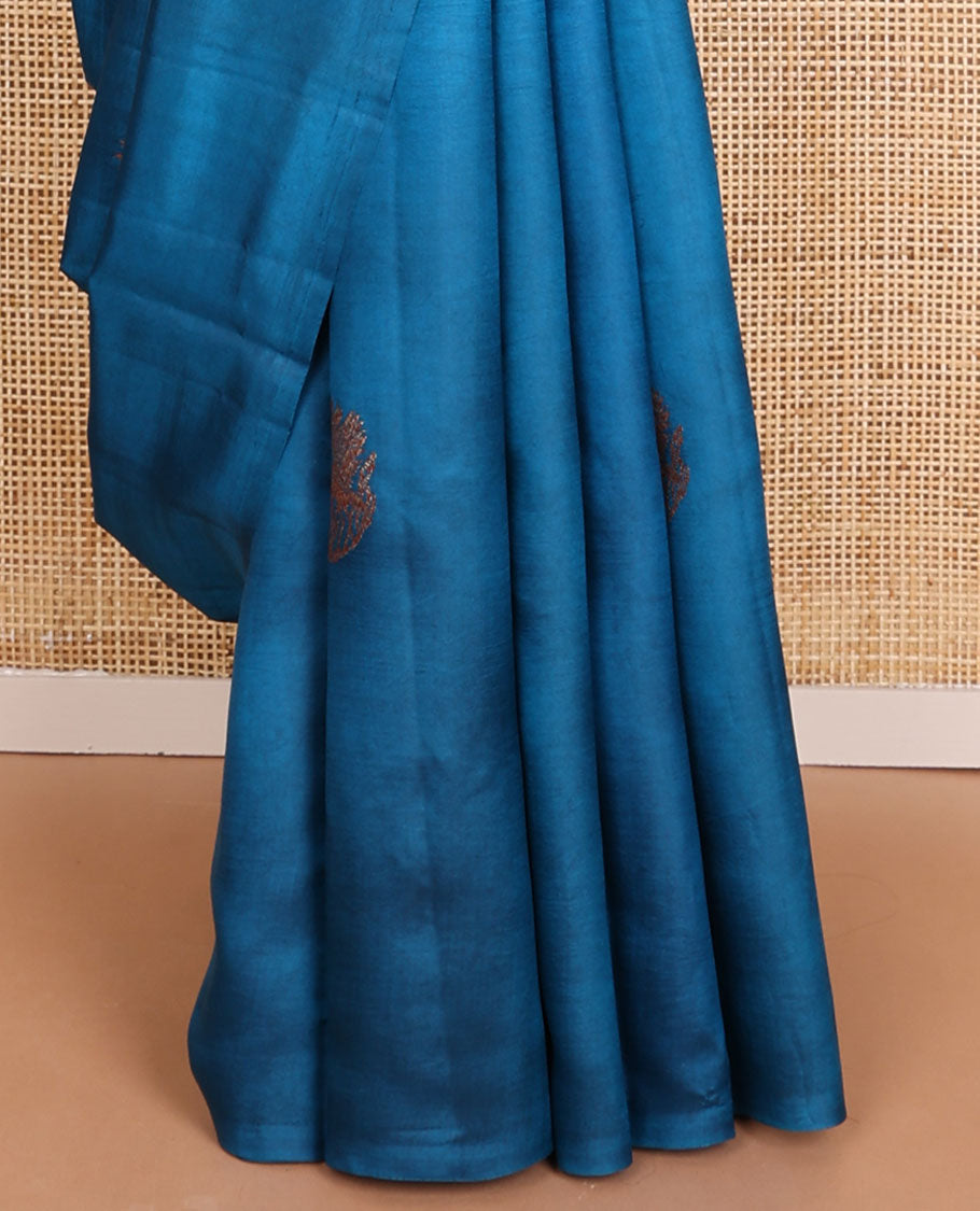 Borderless blue zari buttas raw mango silk saree, zari pallu of chevron stripes