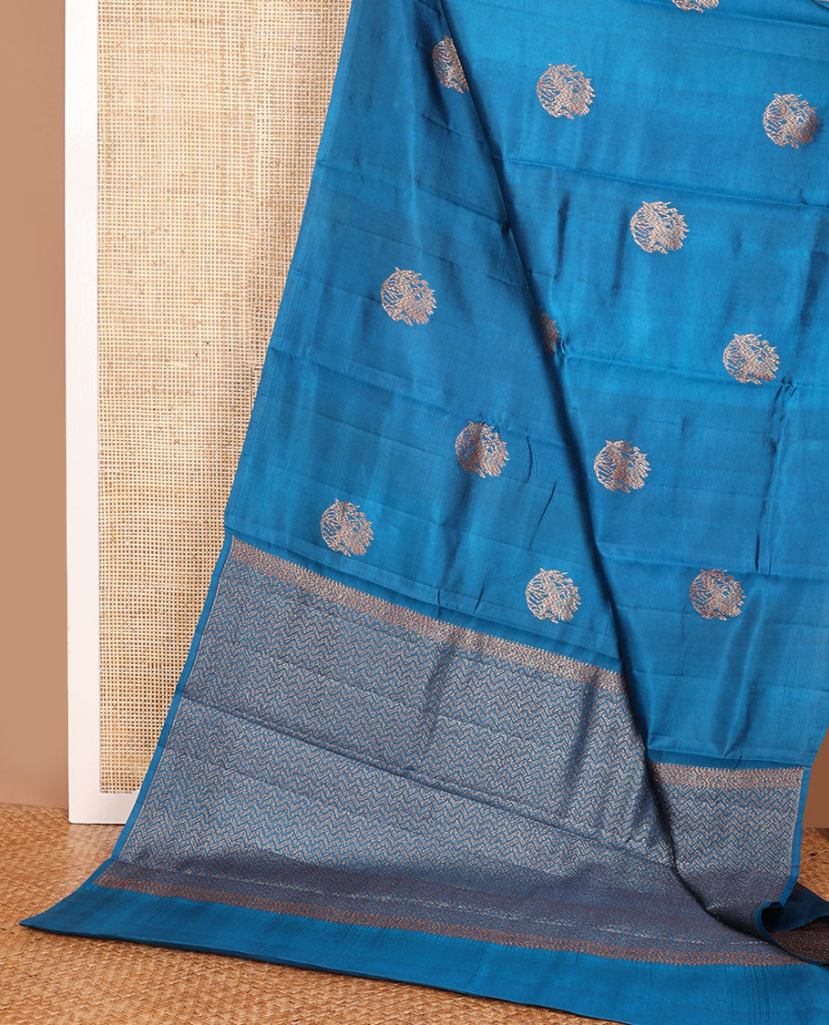 Borderless blue zari buttas raw mango silk saree, zari pallu of chevron stripes