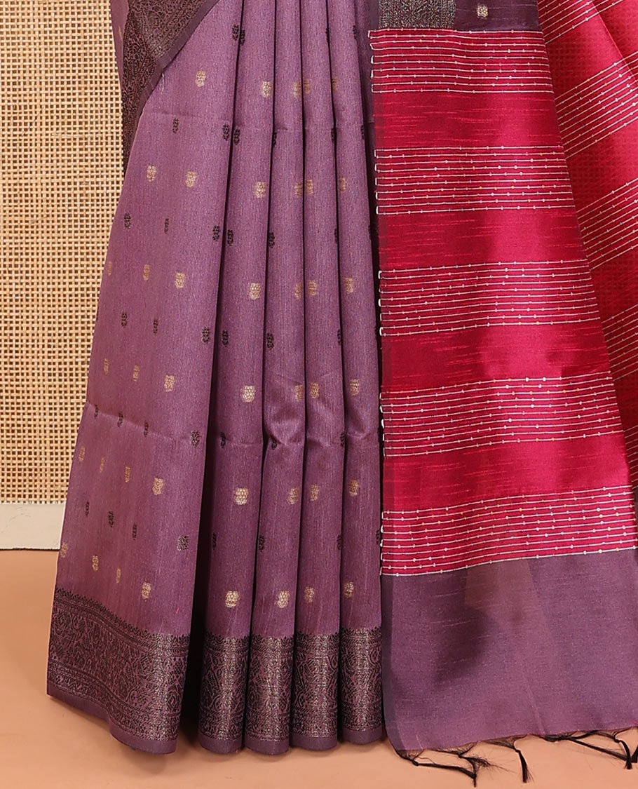 Purple buttas dupion saree, traditional border, and contrast pallu of sequins stripes