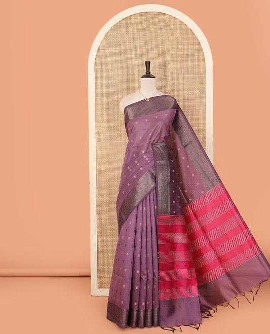 Purple buttas dupion saree, traditional border, and contrast pallu of sequins stripes