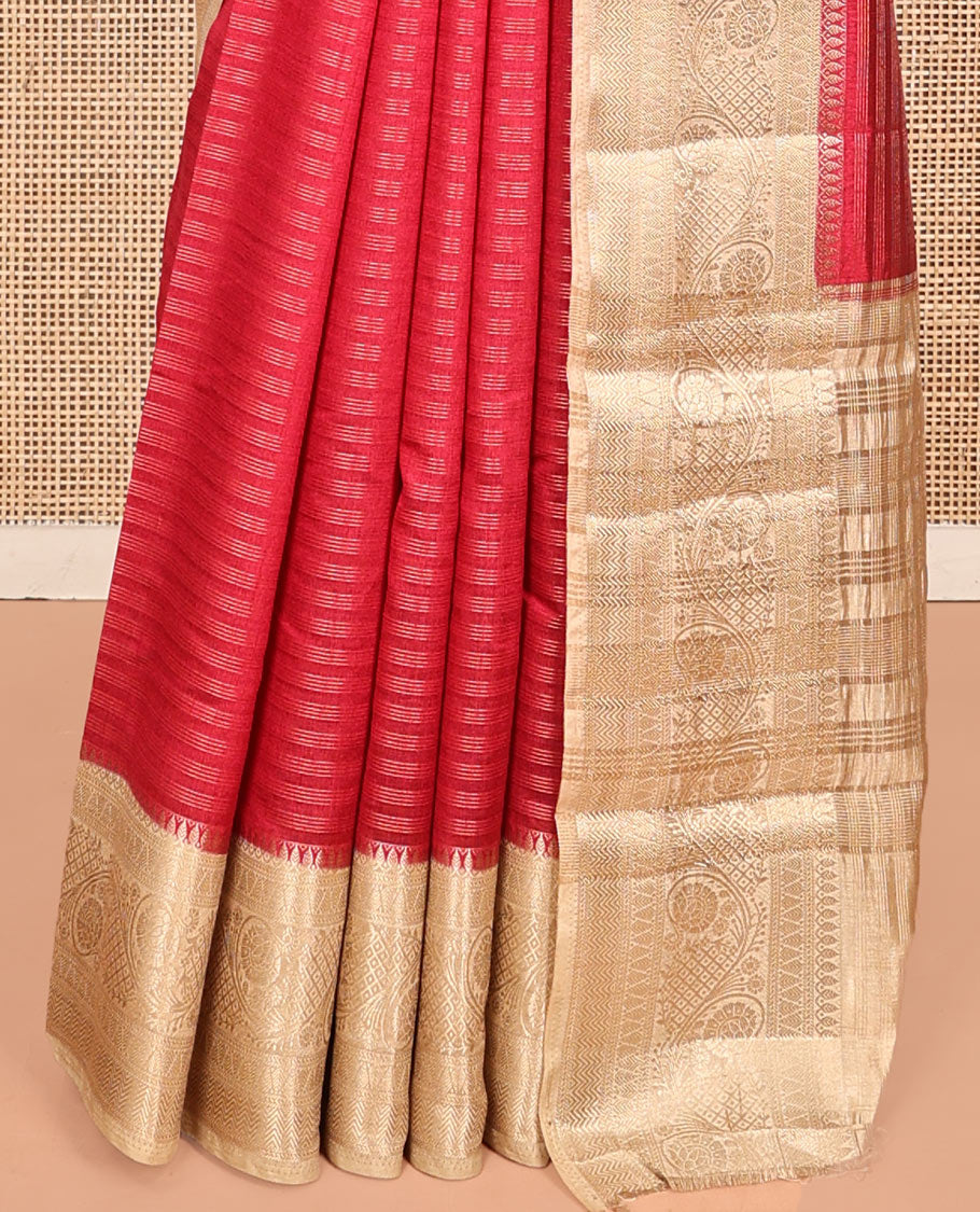 Red Semi-Banarasi Dupion Saree, Beautified with Stripes, a Contrast Floral Creeper Zari Border, Striped Pallu, and a Contrast Blouse