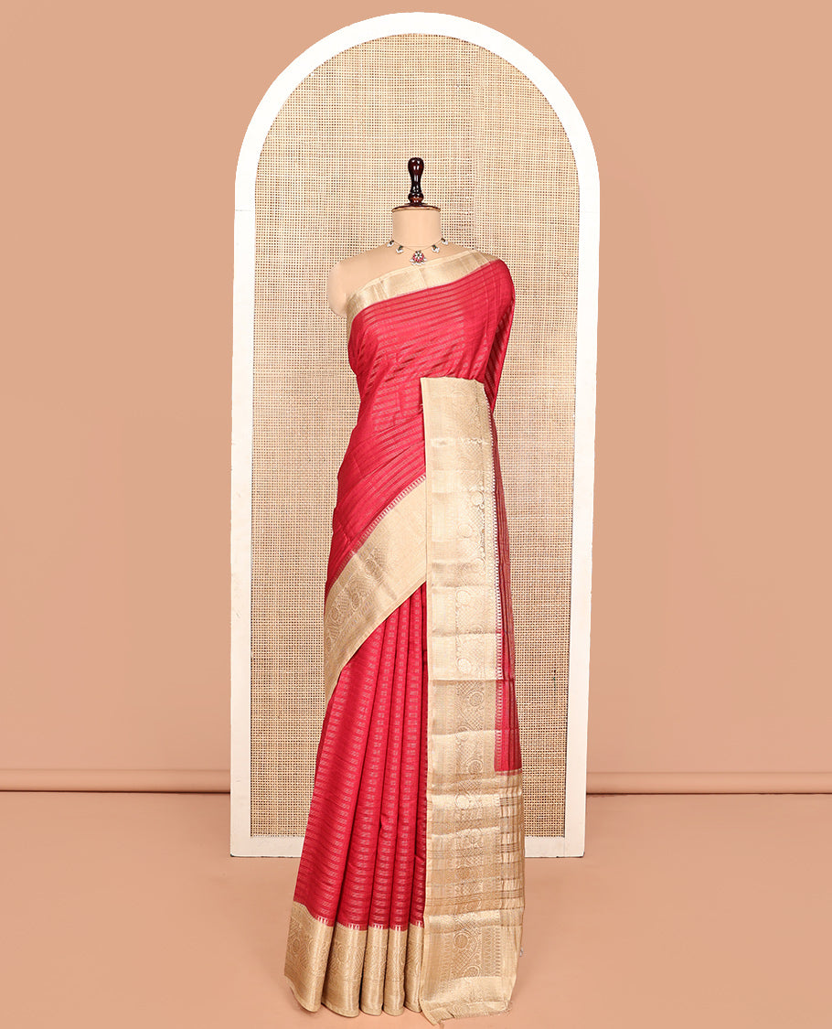 Red Semi-Banarasi Dupion Saree, Beautified with Stripes, a Contrast Floral Creeper Zari Border, Striped Pallu, and a Contrast Blouse