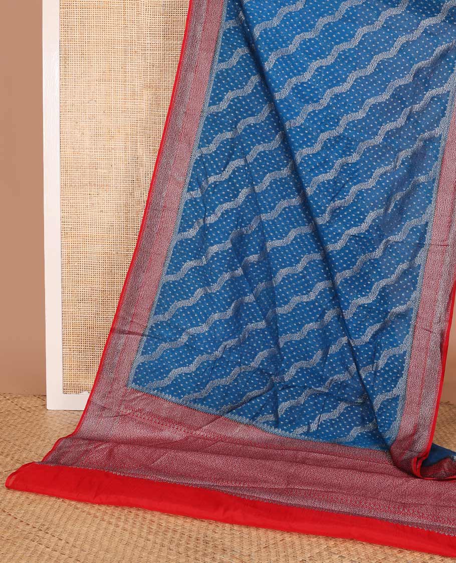 Blue diagonal zig-zag floral vine woven fancy saree, contrast zari border, and zari woven pallu