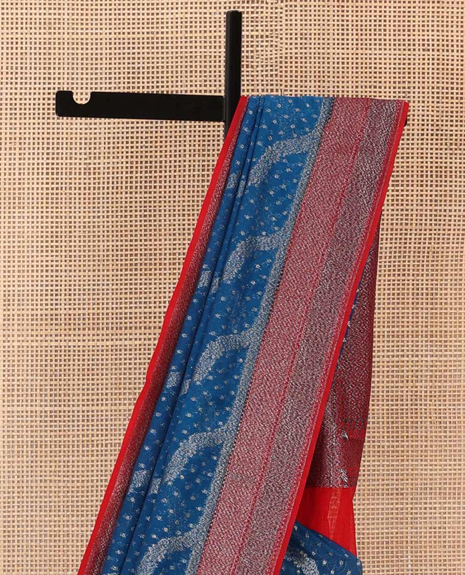 Blue diagonal zig-zag floral vine woven fancy saree, contrast zari border, and zari woven pallu