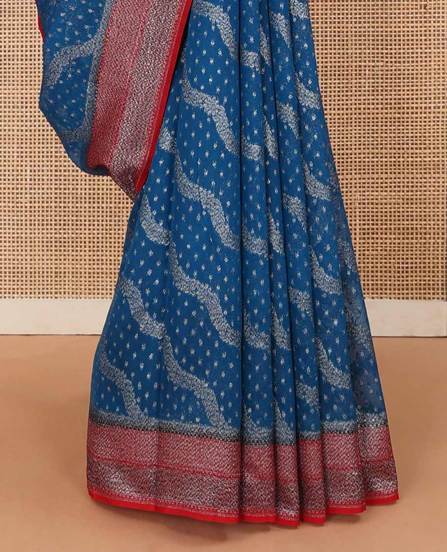 Blue diagonal zig-zag floral vine woven fancy saree, contrast zari border, and zari woven pallu