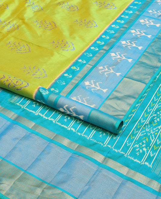 Green ikkat buttas ikkat saree, contrast ikkat & zari design border & pallu of ikkat designs