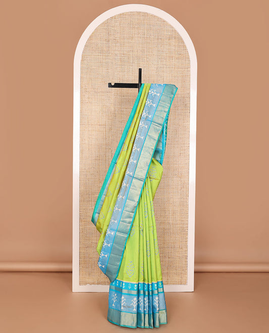 Green ikkat buttas ikkat saree, contrast ikkat & zari design border & pallu of ikkat designs