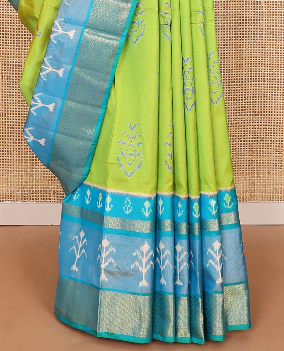 Green ikkat buttas ikkat saree, contrast ikkat & zari design border & pallu of ikkat designs