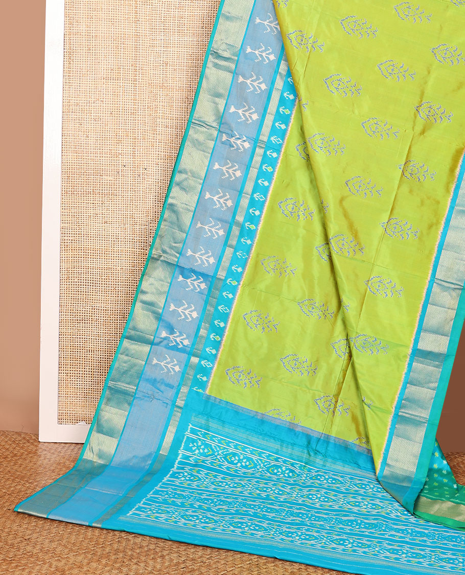 Green ikkat buttas ikkat saree, contrast ikkat & zari design border & pallu of ikkat designs