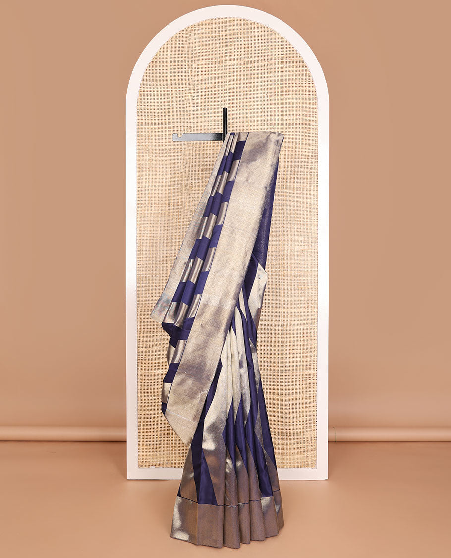 Blue thick zig-zag striped kancheepuram silksaree, getti zari border & zari-rich pallu of pillaiyar mokku & seeppu rekku