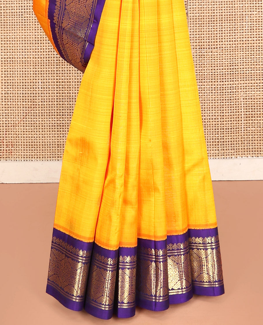 Yellow Kanchipuram Silk Saree, Sparsely Woven with Zari Buttas, Contrast Korvai Traditional Zari Border, Zari Design Pallu, and No Blouse