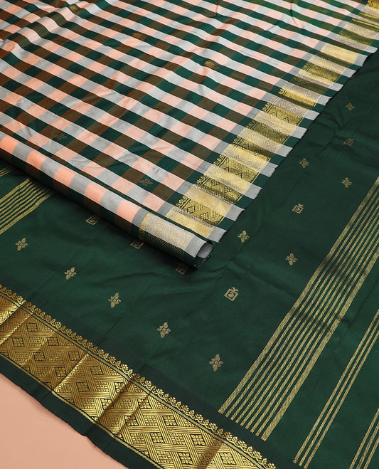 Multi-color striped  and buttas Kanchipuram silk saree, one-sided border of jaal designs, and zari design pallu