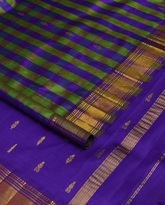 Multi-color checked Kanchipuram silk saree with zari buttas, one-sided border of panner sombu,banaras,muthu & jaal & zari design pallu