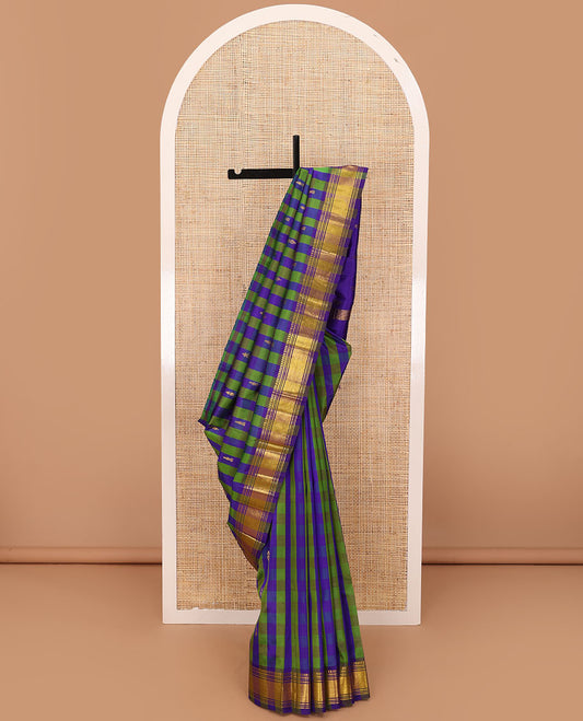 Multi-color checked Kanchipuram silk saree with zari buttas, one-sided border of panner sombu,banaras,muthu & jaal & zari design pallu
