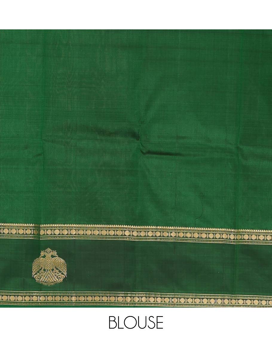 Green plain Kanchipuram silk saree, contrast border of rekku, muthu, rudraksham and iruthalai pakshi motifs, and zari striped pallu