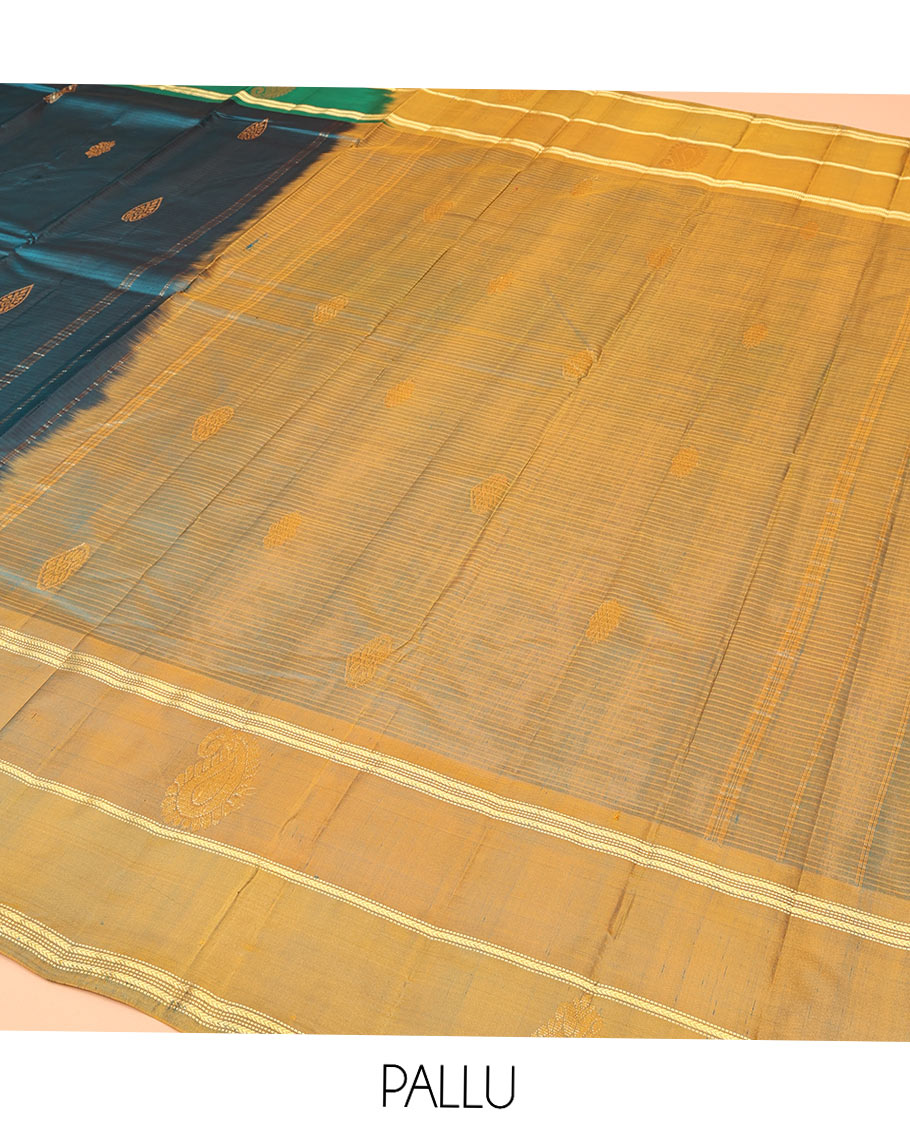 Peacock Blue Kanchipuram Silk Saree, Elevated with Zari Buttas and Vazhaipoo Stripes on Its Body, Complemented by a Contrast Border of Muthu, Kathir, and Arumbu Manga Designs, Pallu of Zari Designs, and Paired with a Contrast Blouse