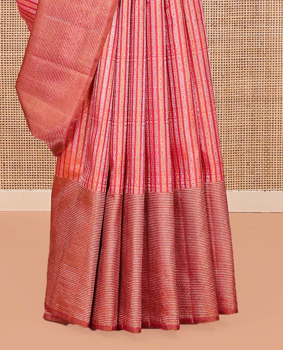 Red Kanchipuram Designer Silk Saree, Boldly Accentuated with Jacquard Design All Over Its Body, Gleaming Zari Striped Border, Pallu Steeped with Zari Stripes, and Paired with a Matching Blouse