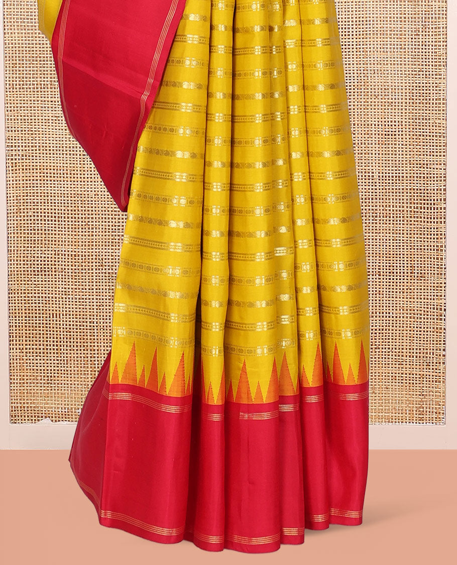 Yellow Kanchipuram Designer Silk Saree, Embellished with Geometric Designs, Complemented by Contrast Temple Bodi Border, Zari Design Pallu, and a Contrast Blouse