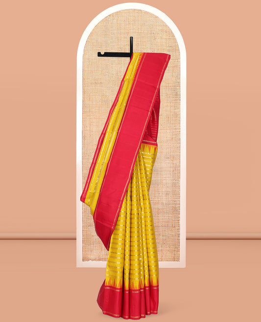 Yellow Kanchipuram Designer Silk Saree, Embellished with Geometric Designs, Complemented by Contrast Temple Bodi Border, Zari Design Pallu, and a Contrast Blouse