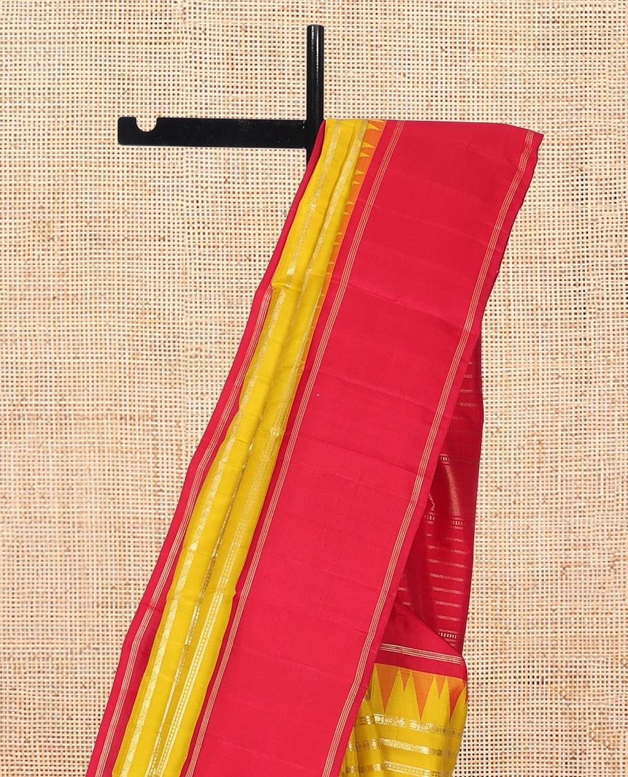 Yellow Kanchipuram Designer Silk Saree, Embellished with Geometric Designs, Complemented by Contrast Temple Bodi Border, Zari Design Pallu, and a Contrast Blouse