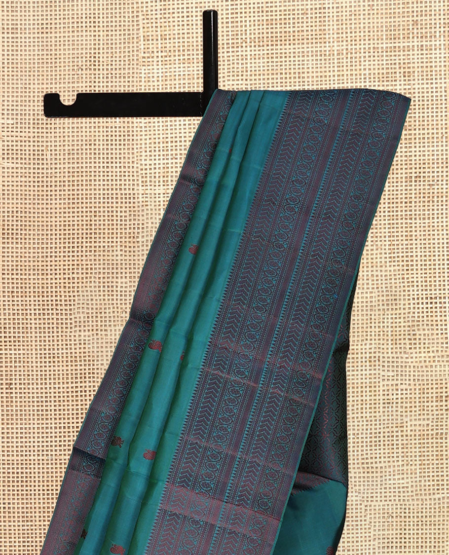 Blue Mayil-Chakra Buttas Kanchipuram Silk Saree, a Traditional Thread Border, Jaal Pallu, Matching Blouse