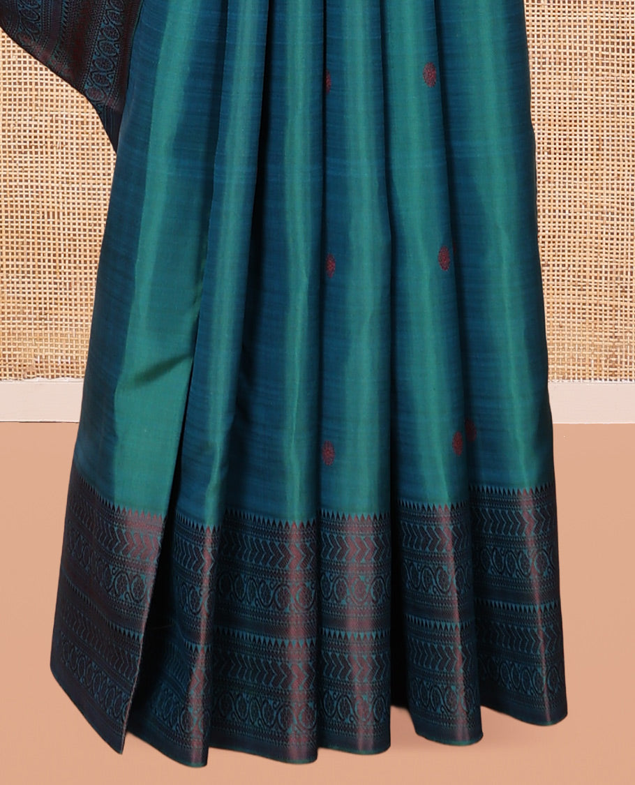 Blue Mayil-Chakra Buttas Kanchipuram Silk Saree, a Traditional Thread Border, Jaal Pallu, Matching Blouse