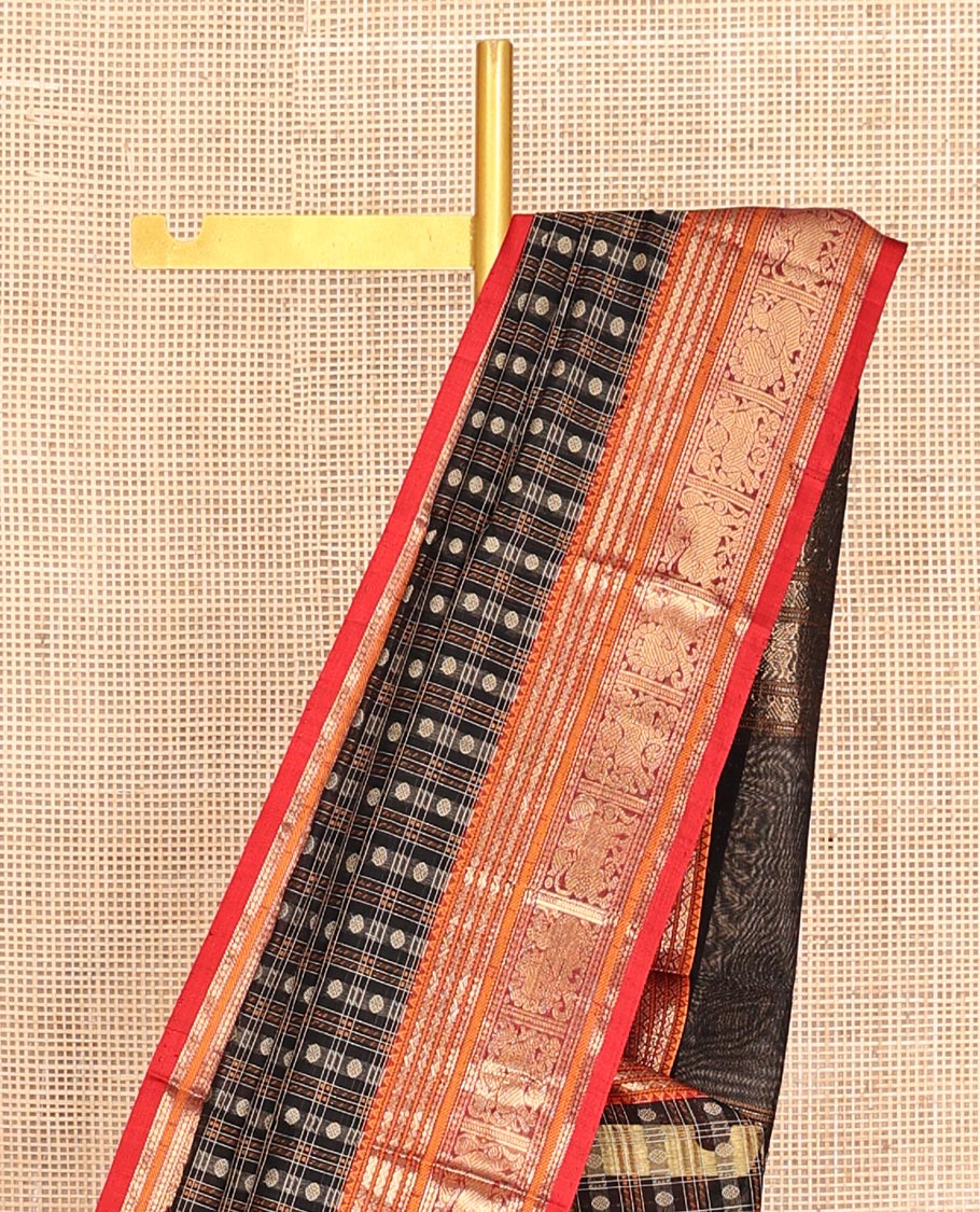 Green Buttas-Checked Kuppadam Silk Saree, a Contrast Peacock-Yazhi Border, Grand Pallu, a Matching Blouse