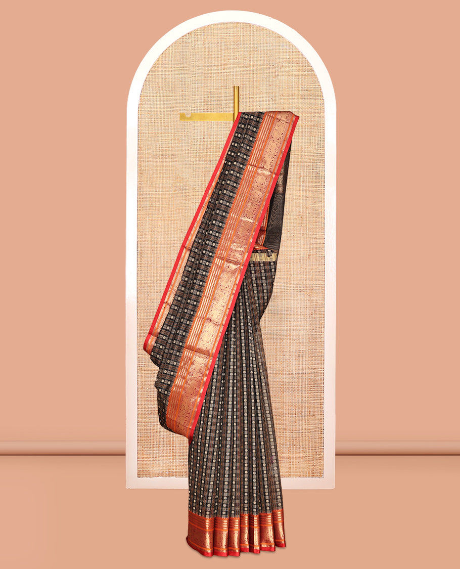 Green Buttas-Checked Kuppadam Silk Saree, a Contrast Peacock-Yazhi Border, Grand Pallu, a Matching Blouse