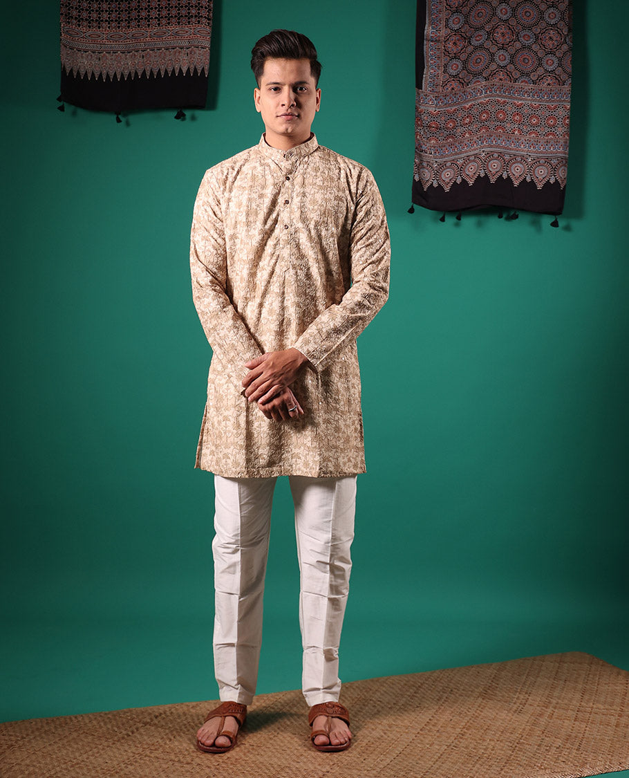 Sandal crushed textured with tropical floral printed full-sleeved men's kurta