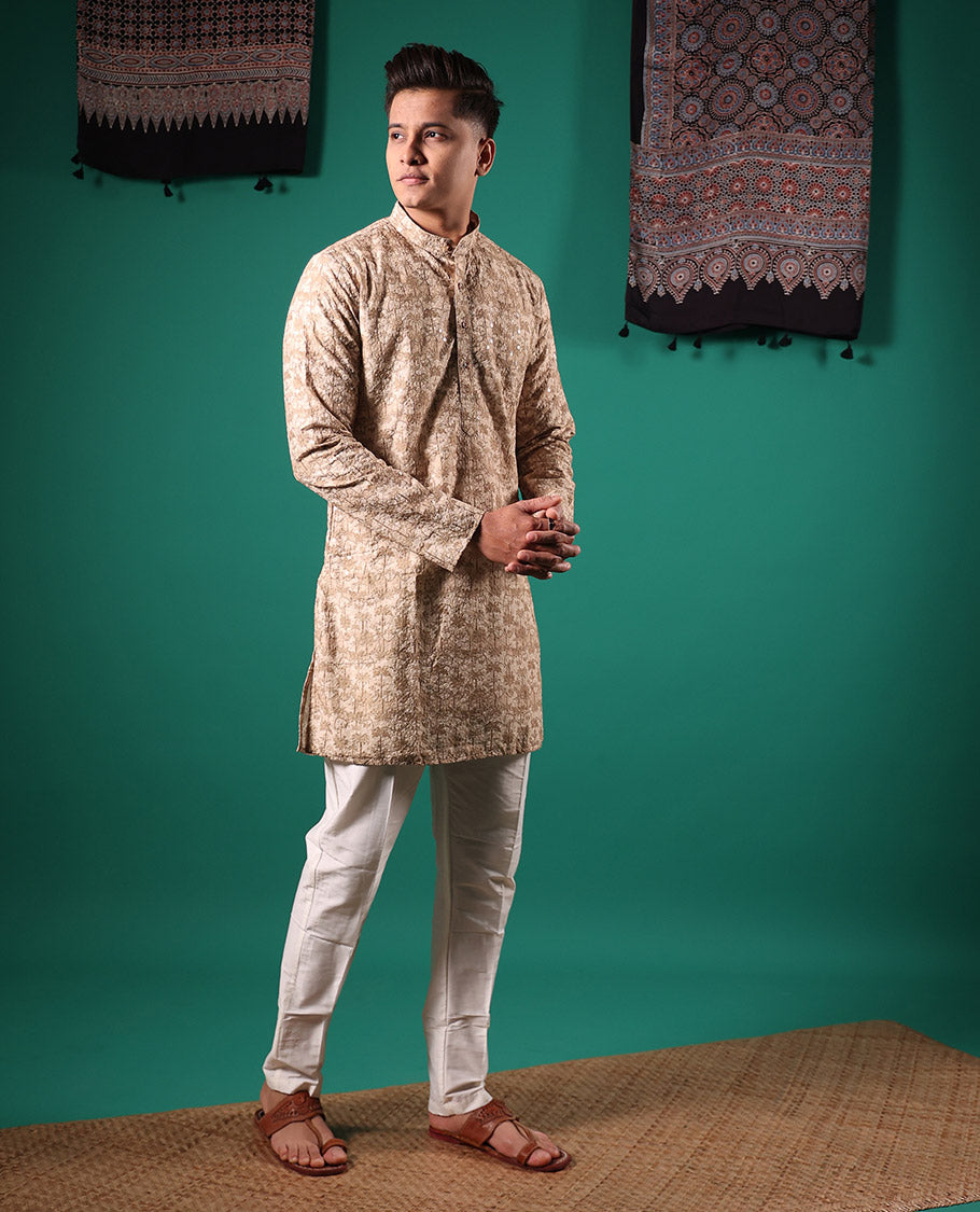 Sandal crushed textured with tropical floral printed full-sleeved men's kurta