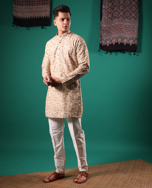 Sandal crushed textured with tropical floral printed full-sleeved men's kurta