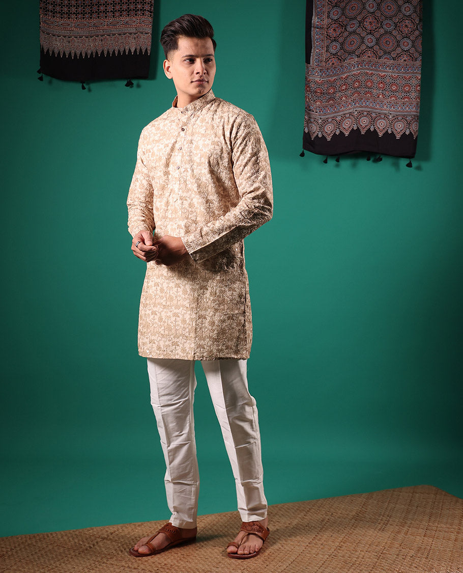 Sandal crushed textured with tropical floral printed full-sleeved men's kurta