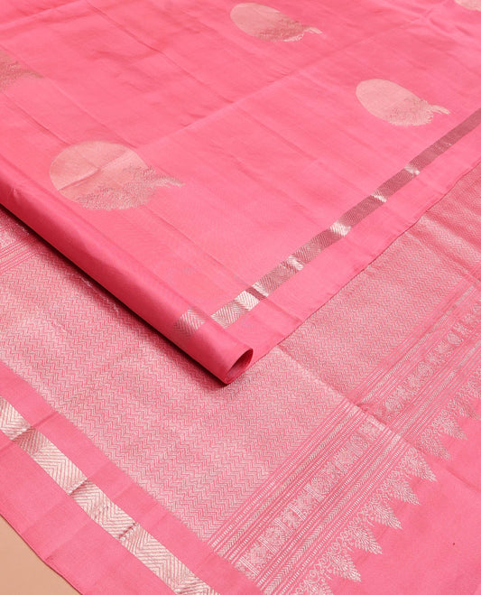 Pink zari buttas soft silk saree, zari vanki kal erangina border, and pallu of vanki designs