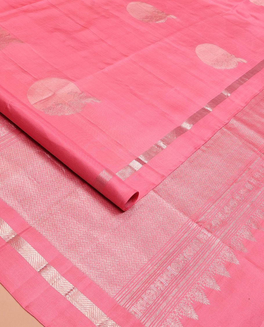 Pink zari buttas soft silk saree, zari vanki kal erangina border, and pallu of vanki designs