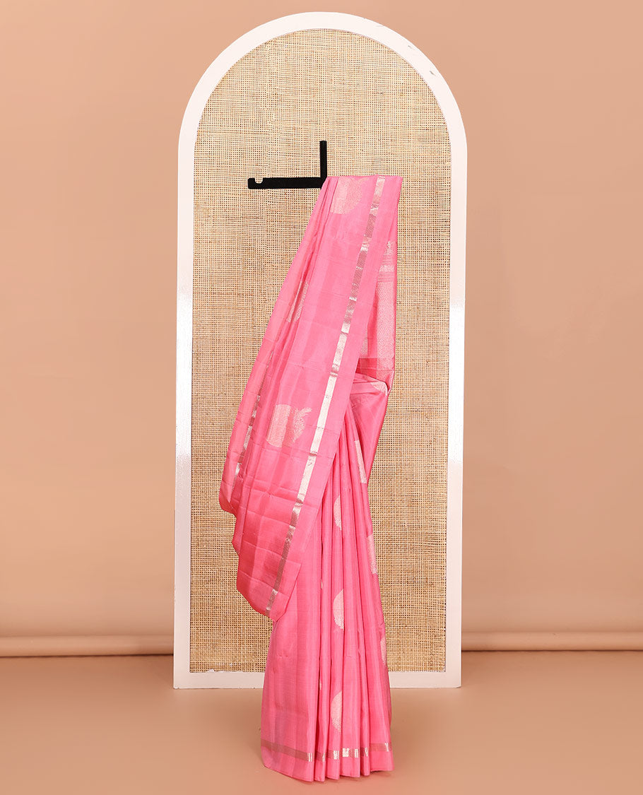Pink zari buttas soft silk saree, zari vanki kal erangina border, and pallu of vanki designs
