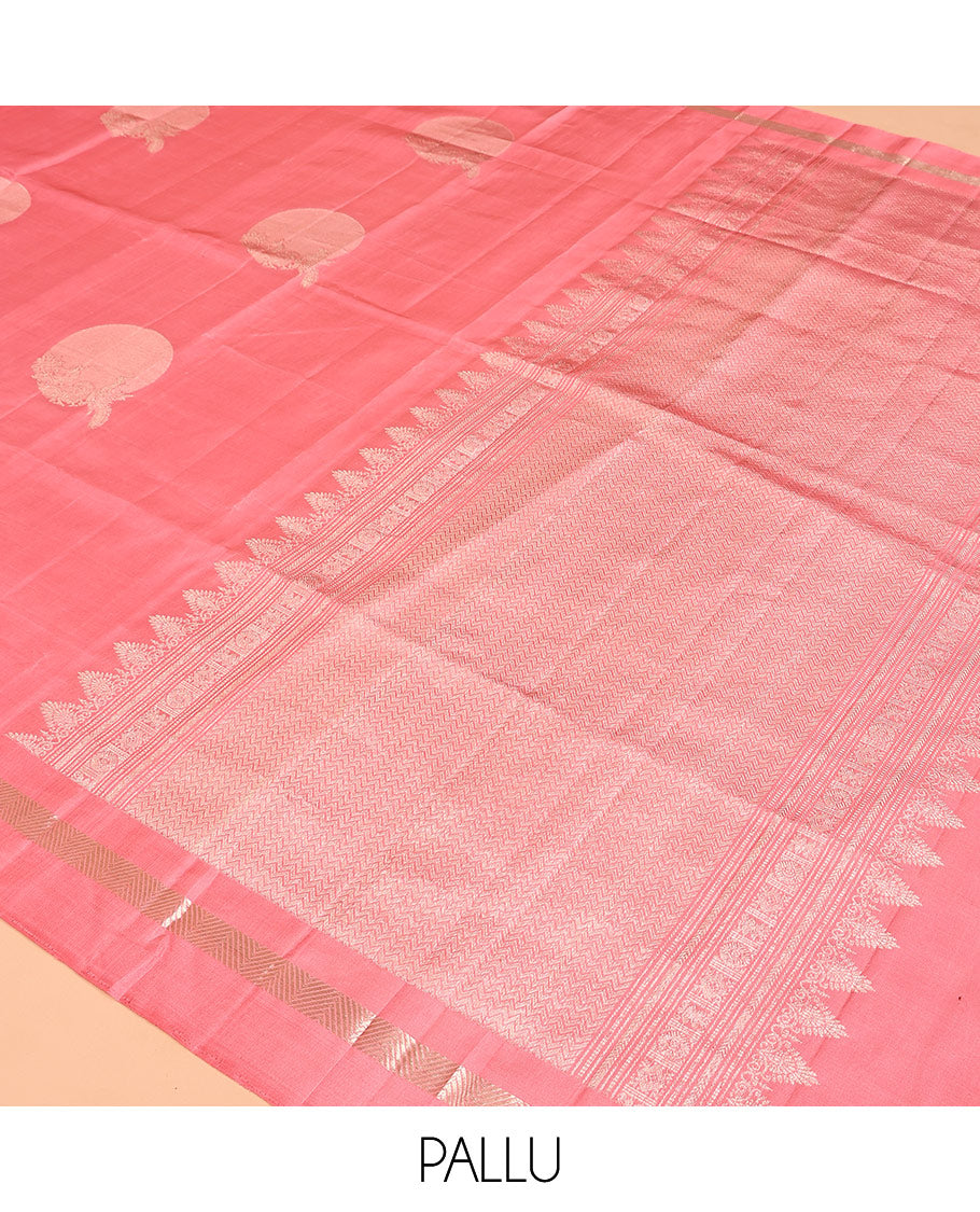 Pink zari buttas soft silk saree, zari vanki kal erangina border, and pallu of vanki designs
