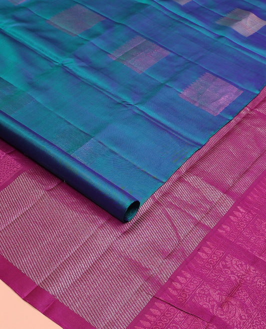 Borderless blue zari buttas soft silk saree, contrast pallu of diagonal stripes