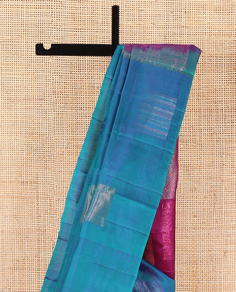 Borderless blue zari buttas soft silk saree, contrast pallu of diagonal stripes