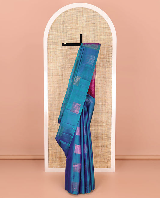Borderless blue zari buttas soft silk saree, contrast pallu of diagonal stripes