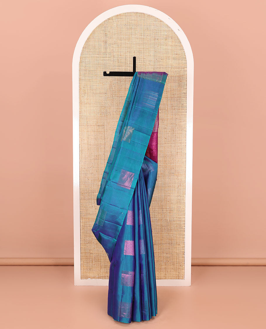 Borderless blue zari buttas soft silk saree, contrast pallu of diagonal stripes